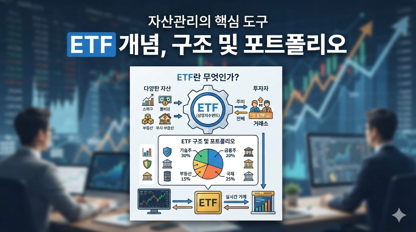 자산관리 핵심 도구인 ETF 개념 구조 및 포트폴리오 구성을 설명하는 워드프레스 블로그 썸네일 이미지
