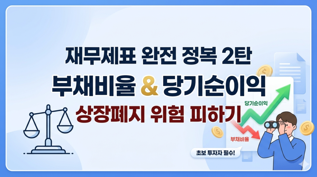 재무제표 부채비율과 당기순이익을 분석하여 주식 투자 시 상장폐지 위험을 피하는 방법을 설명하는 블로그 썸네일 이미지