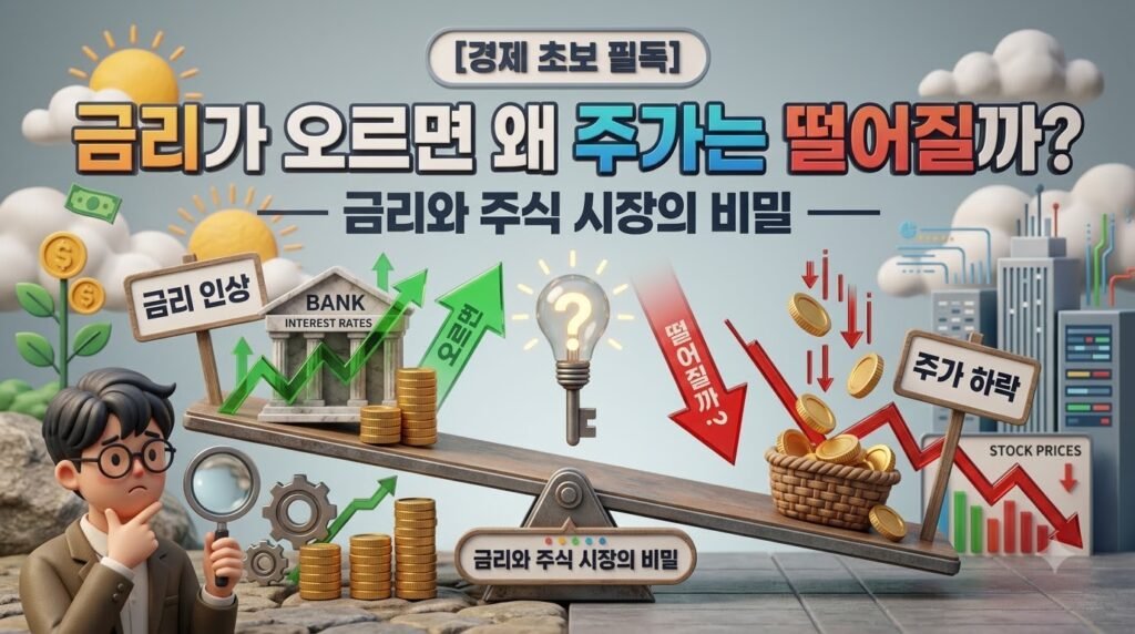 금리 인상 화살표와 주가 지수 상승 그래프가 교차하는 모습을 시각화하여 금리가 오르면 주가가 왜 오르는지 분석하는 경제 블로그 썸네일 이미지