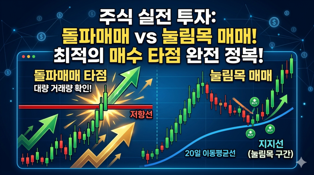 저항선 돌파의 순간과 지지선 반등 흐름이 상승 화살표 그래픽과 결합한 직관적인 주식 돌파매매 및 눌림목 매매 실전 타점 블로그 썸네일 이미지