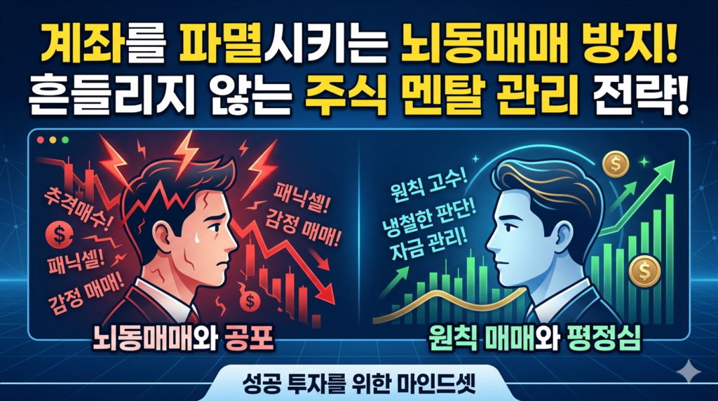 탐욕과 공포 사이에서 중심을 잡고 차분하게 모니터를 응시하는 투자자의 뇌 구조 그래픽 일러스트와 뇌동매매 방지 핵심 행동 규칙이 조화를 이룬 블로그 썸네일 이미지