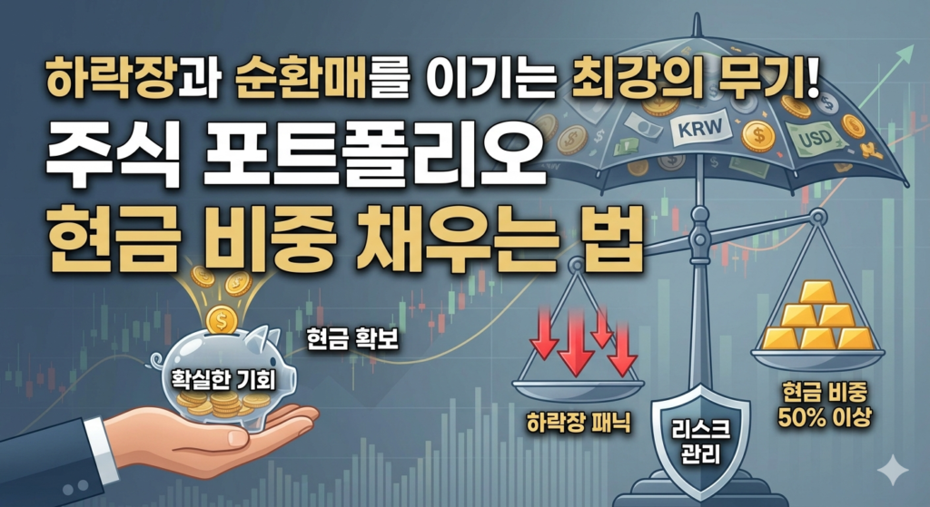 하락장 패닉을 방어하는 저울과 우산 아이콘, 확실한 투자 기회를 위해 현금을 저축하는 모습을 주가 차트 배경과 결합한 주식 현금 비중 조절 전략 썸네일 이미지