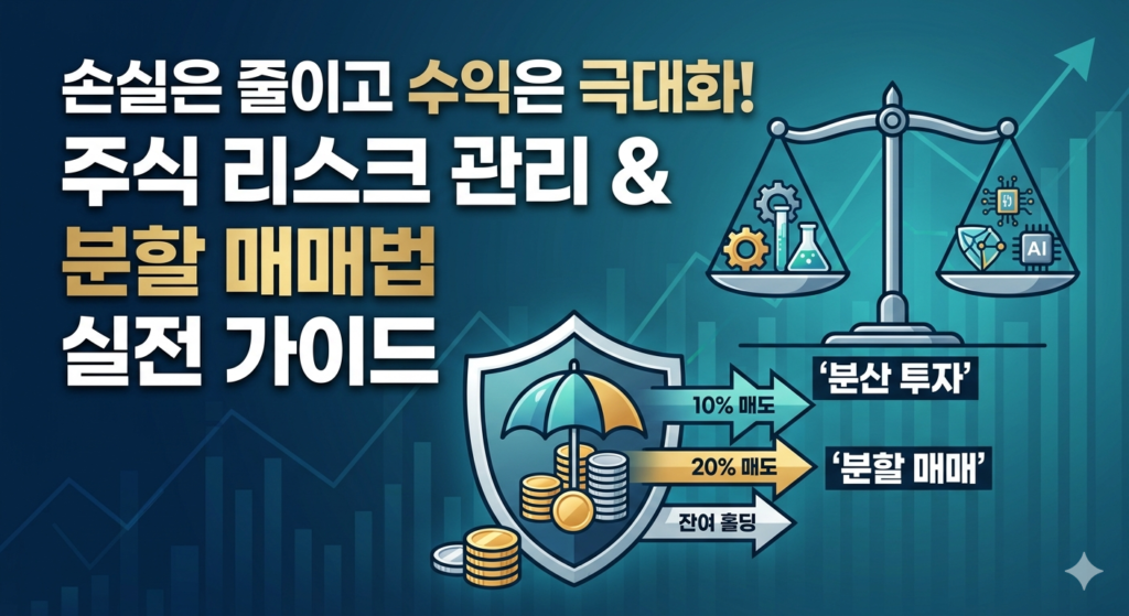 안정적인 금융 자산 차트와 방패 아이콘이 포함된 주식 투자 리스크 관리 및 분할 매매 전략 가이드 썸네일 이미지