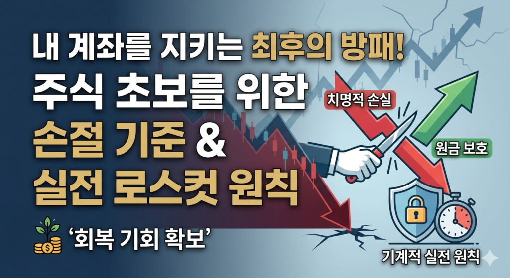 원금을 보호하는 방패 아이콘과 기계적 매매 타이밍 화살표가 주가 차트 배경과 어우러진 주식 손절 기준 가이드 블로그 썸네일 이미지