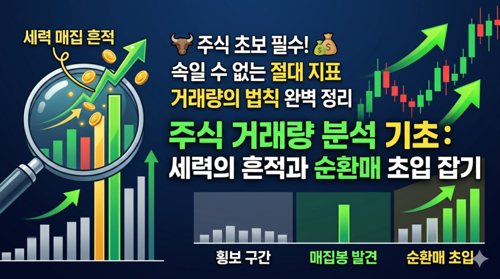 솟구치는 거래량 막대그래프와 이를 확대해 보는 돋보기, 자금 이동을 나타내는 신호적 화살표가 주가 차트 배경과 어우러진 주식 거래량 분석 기초 가이드 블로그 썸네일 이미지