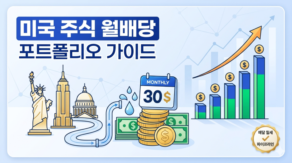 미국 주식 투자를 통해 매달 달러 배당금을 받는 파이프라인과 포트폴리오 구축 방법을 설명하는 깔끔한 블로그 썸네일 이미지