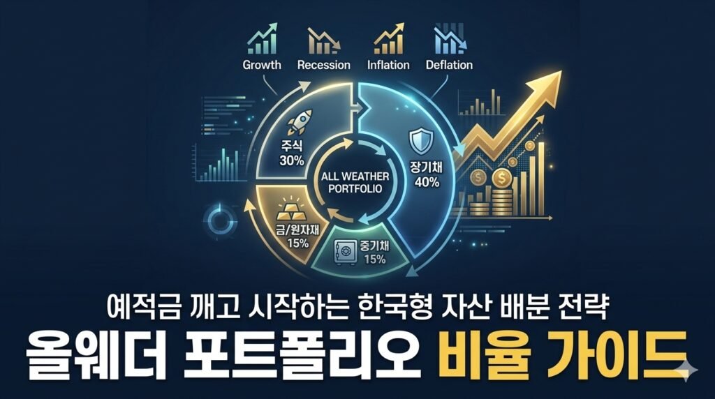 다크 네이비 배경 위에 올웨더 포트폴리오의 5대 자산군 비중(주식 30%, 장기채 40%, 중기채 15%, 금 7.5%, 원자재 7.5%)이 입체적인 원형 차트와 안정적인 우상향 화살표 그래프로 조화롭게 시각화된 금융 인포그래픽형 썸네일 이미지.