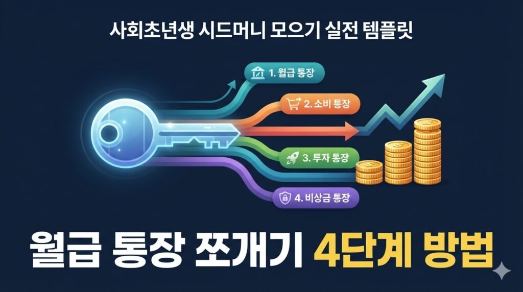 다크 네이비 배경 위에 4개의 계좌(월급, 투자, 소비, 비상금)가 화살표로 유기적으로 연결된 흐름을 보여주는 직장인 자산 관리 및 월급 통장 쪼개기 시스템 인포그래픽 이미지.