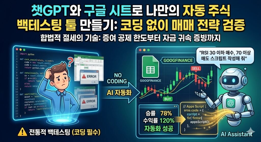 챗GPT와 구글 시트 앱스 스크립트를 활용하여 코딩 없이 나만의 주식 매매 전략 승률을 과거 데이터로 자동 백테스팅하는 스마트 재테크 툴 가이드 썸네일