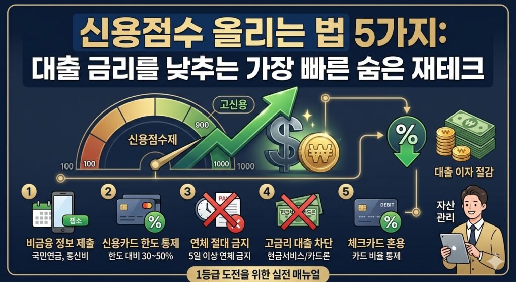 신용점수 올리는 법 5가지 단계 및 KCB NICE 평가 비중 대출 금리 낮추기 인포그래픽