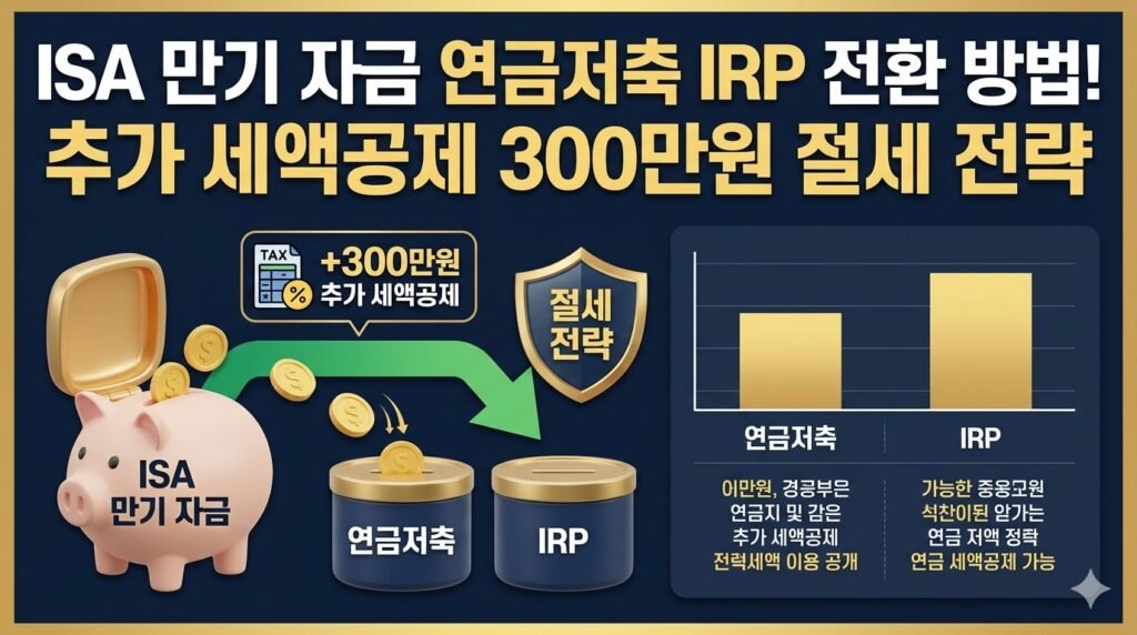 중개형 ISA 만기 금액을 연금저축 및 IRP 계좌로 전환하여 최대 300만 원의 추가 세액공제를 확보하는 연계 절세 전략 인포그래픽 썸네일 이미지