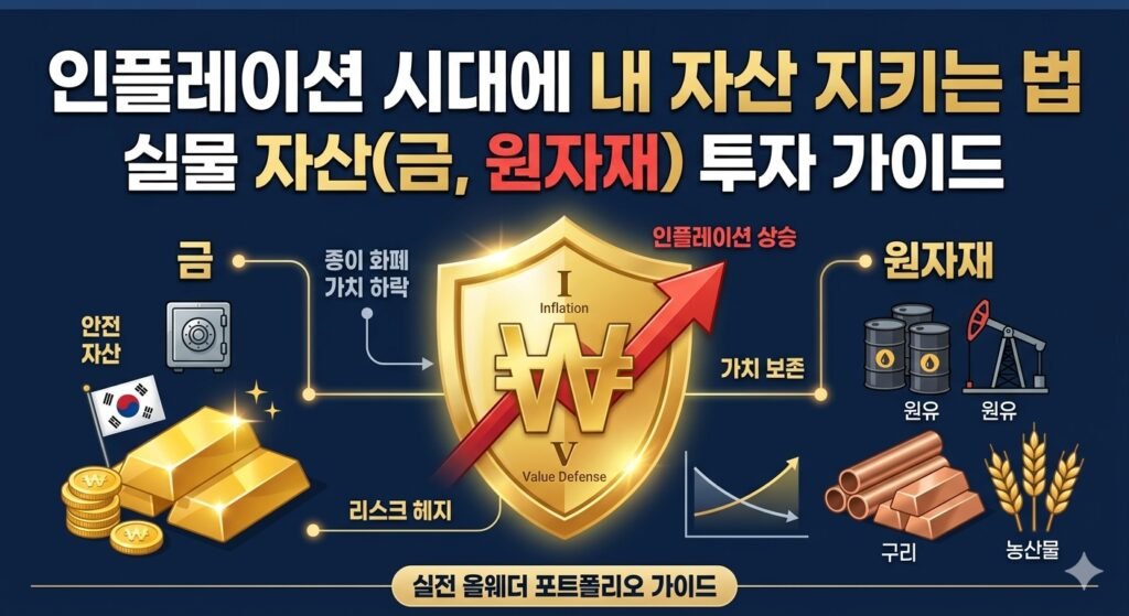 인플레이션 자산 방어 실물 자산 투자 종류 및 KRX 금시장 원자재 ETF 가이드 인포그래픽