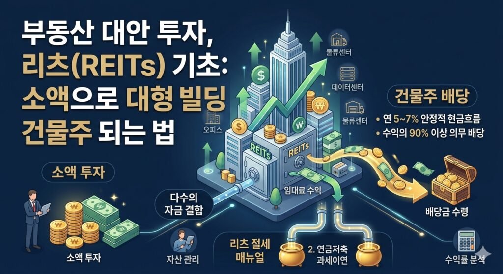 부동산 대안투자 상장 리츠 REITs 기초 소액 건물주 배당 수익 구조 인포그래픽
