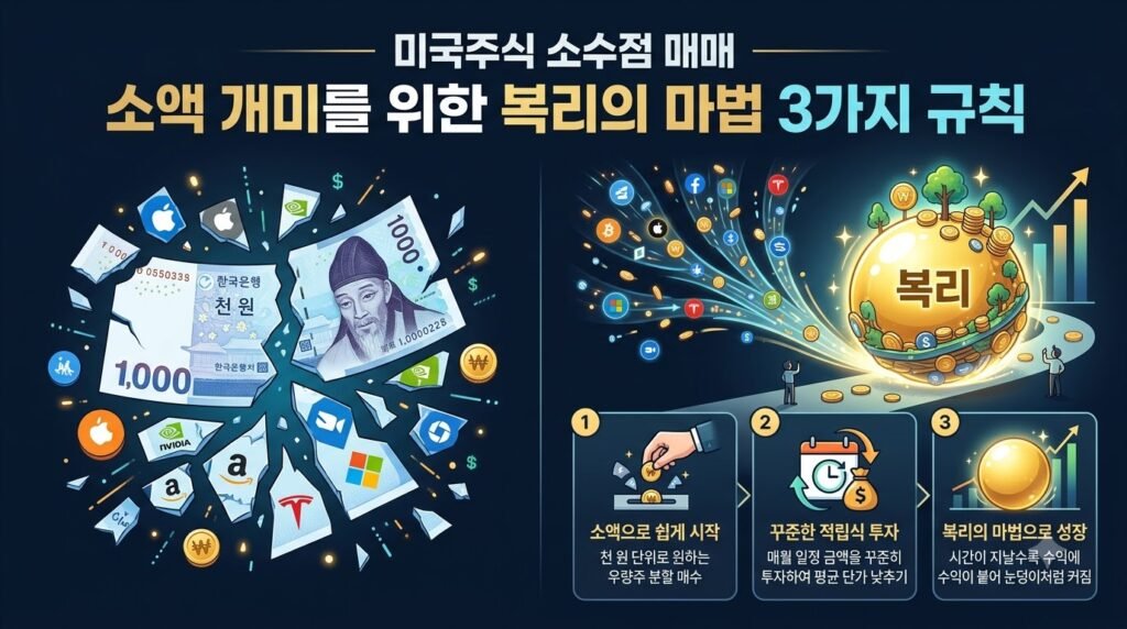 미국 주식 소수점 매매 장단점 분석 및 소액 투자자를 위한 실시간 체결 제한 극복과 배당금 복리 재투자 운용 규칙 비교 인포그래픽 썸네일
