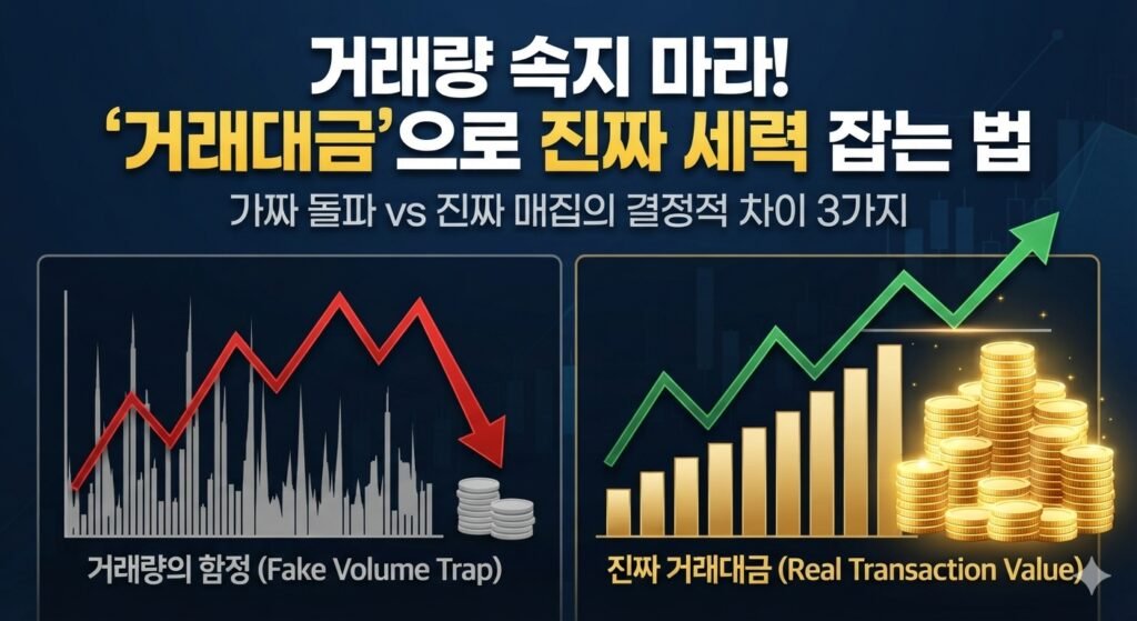 • 주식 차트에서 거래량 막대그래프와 거래대금의 차이를 시각적으로 비교하며 세력의 진짜 매집 시그널을 분석하는 인포그래픽 이미지